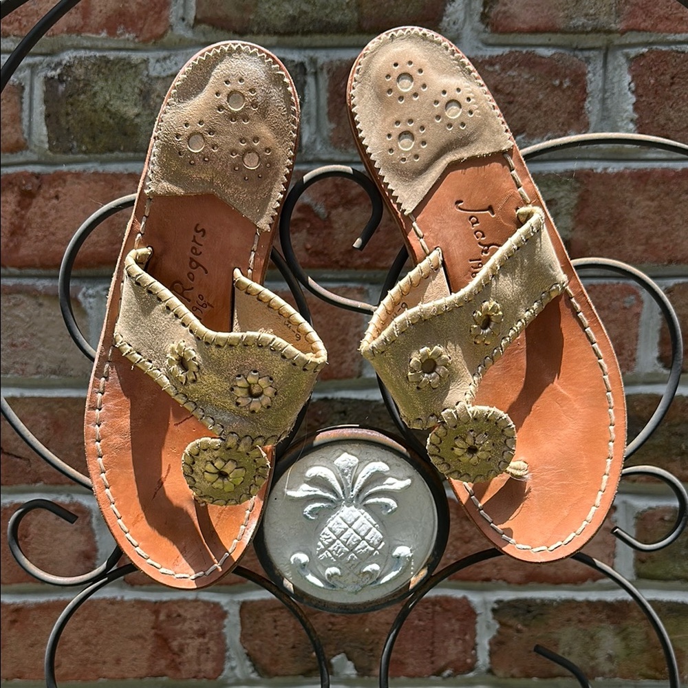 Jack Rogers Gold Leather Slide Sandals Size 6